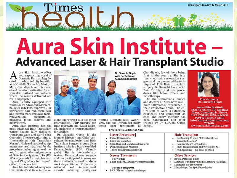 Aura Skin Institute figuring in front page of Times Health pullout of "The Times of India"